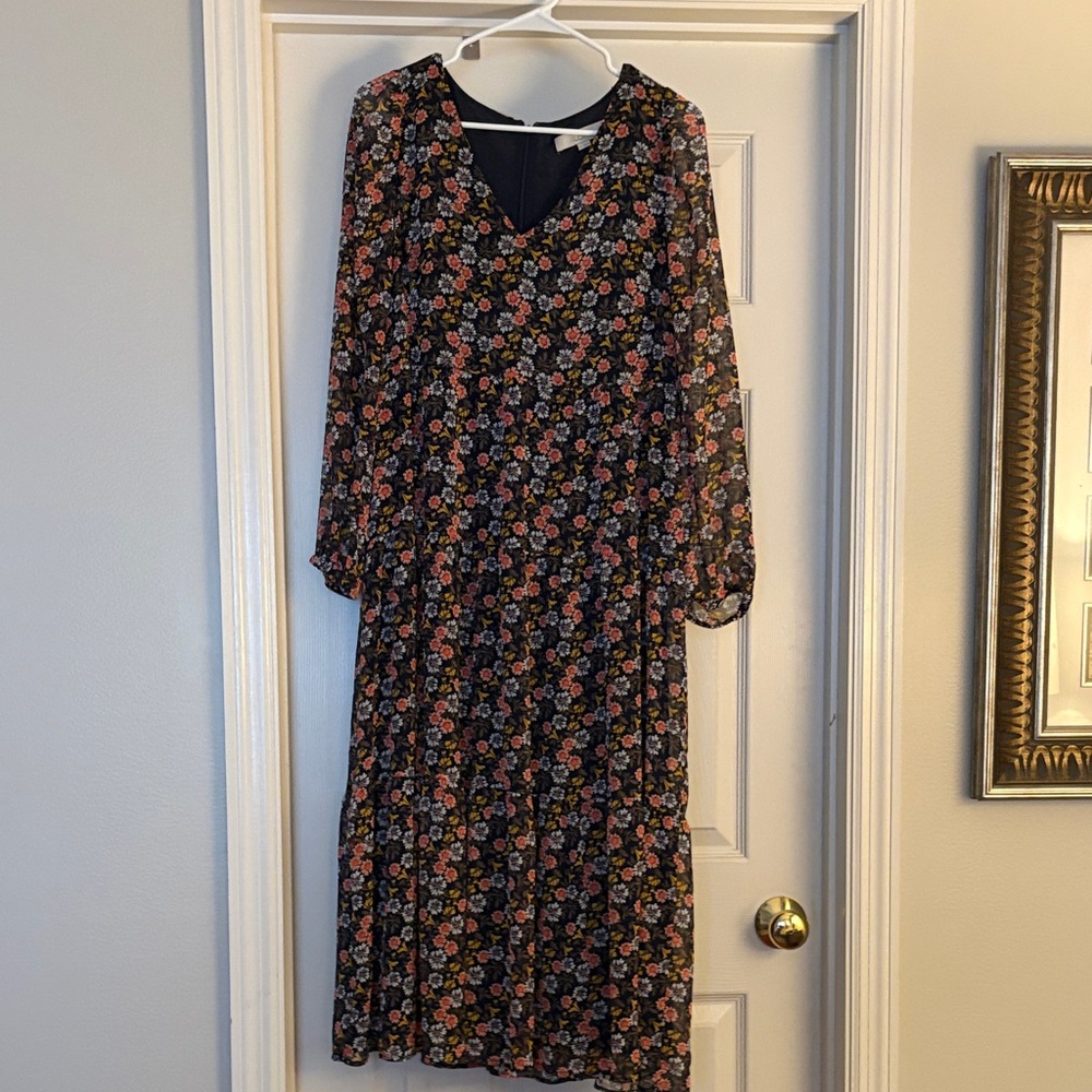 LOFT Black Floral Long Sleeve Dress